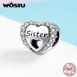 925 Silver Sister's Love Heart Bead Clear CZ Bangle Charm DIY Bracelet