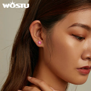 925 Silver Pink Flower Stud Earrings Valentine Gift