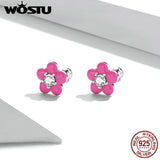 925 Silver Pink Flower Stud Earrings Valentine Gift