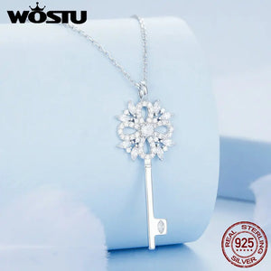 925 Silver Snow Key Necklace Zircon Pendant Chain Women Gift Jewelry