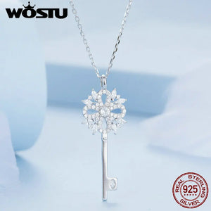 925 Silver Snow Key Necklace Zircon Pendant Chain Women Gift Jewelry