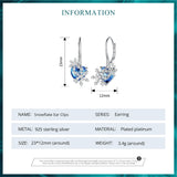 925 Silver Snowflake Ear Clips with Heart-shaped Glass Jewelry for Women