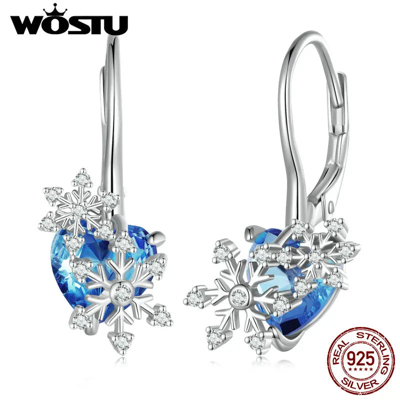 925 Silver Snowflake Ear Clips with Heart-shaped Glass Jewelry for Women