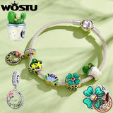 925 Silver Green Cactus Charm Bead for Bracelet Bangle DIY Gift