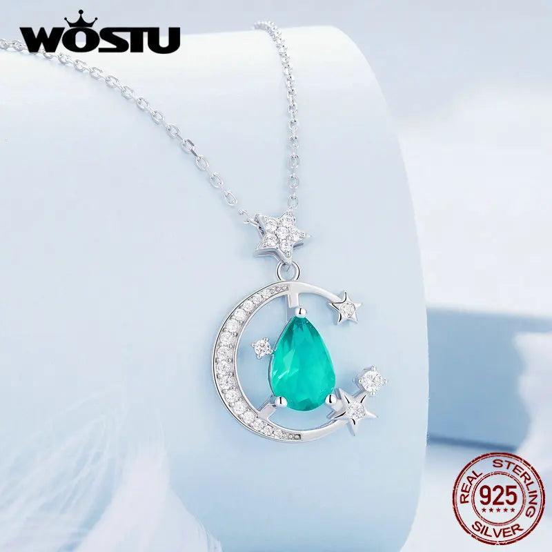 925 Silver Star&Moon Necklace Green Glass Chain Women Fine Jewelry