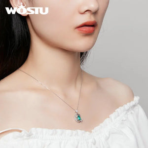 925 Silver Star&Moon Necklace Green Glass Chain Women Fine Jewelry