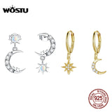 925 Silver Star & Moon Studs Asymmetrical Ear Buckles Earrings for Women