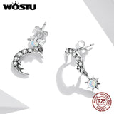 925 Silver Star & Moon Studs Asymmetrical Ear Buckles Earrings for Women