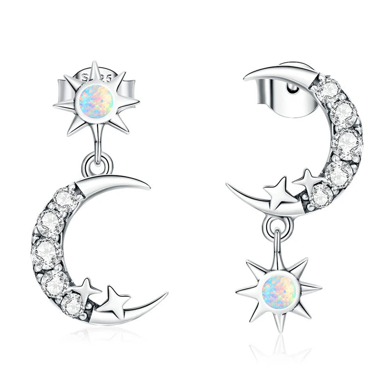 925 Silver Star & Moon Studs Asymmetrical Ear Buckles Earrings for Women