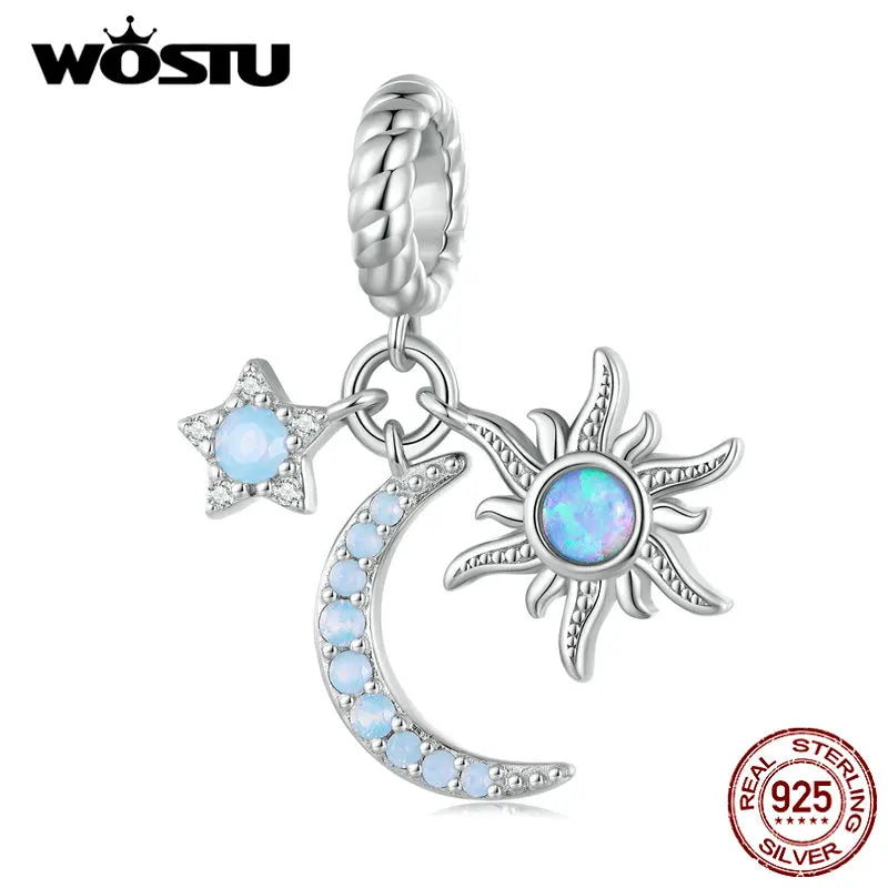 925 Silver Sun Moon Stars Bead with Opal for Women Bracelet Necklace