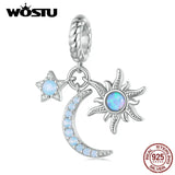 925 Silver Sun Moon Stars Bead with Opal for Women Bracelet Necklace