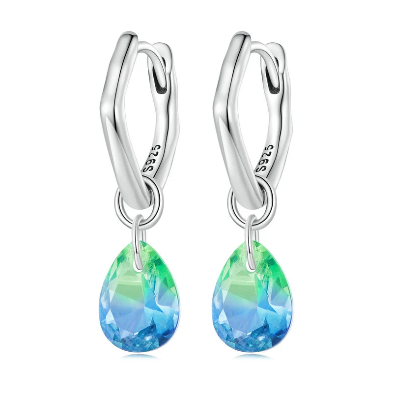 925 Silver Teardrop Dangle Earrings Rainbow Crystal Hoop Women