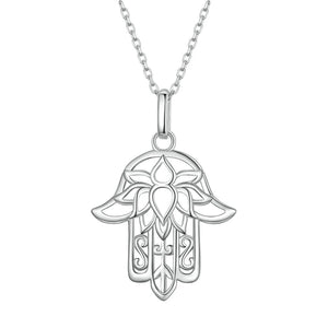 925 Silver Hamsa Hand Necklace Hollow Flower Pendant Chain Lucky Jewelry