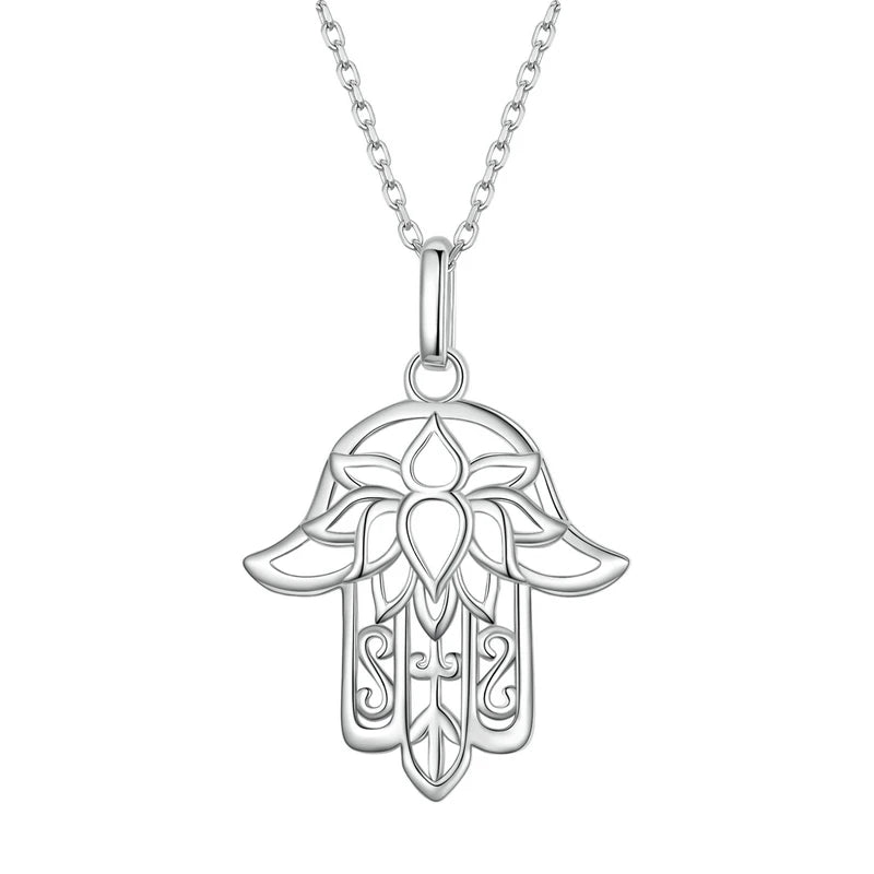 925 Silver Hamsa Hand Necklace Hollow Flower Pendant Chain Lucky Jewelry
