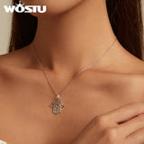 925 Silver Hamsa Hand Necklace Hollow Flower Pendant Chain Lucky Jewelry