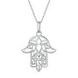 925 Silver Hamsa Hand Necklace Hollow Flower Pendant Chain Lucky Jewelry
