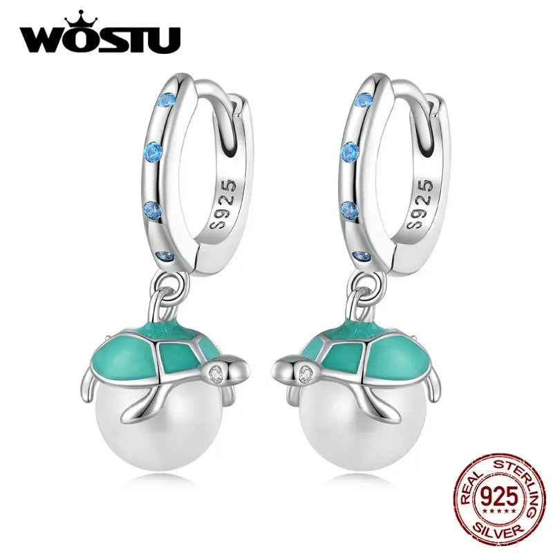 925 Silver Turtle Ear Clips with Shell Pearl Fine Jewelry For Women