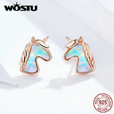Sterling Silver Opal Rose Stud Earrings Unicorn Design