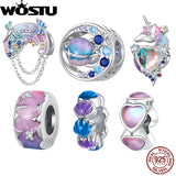 925 Silver Unicorn Rainbow Charm Dreamlike Planet Bead for Women