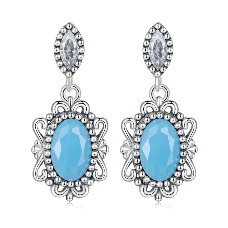 925 Silver Vintage Turquoise Flower Drop Earrings Hoops Wedding Party Gift