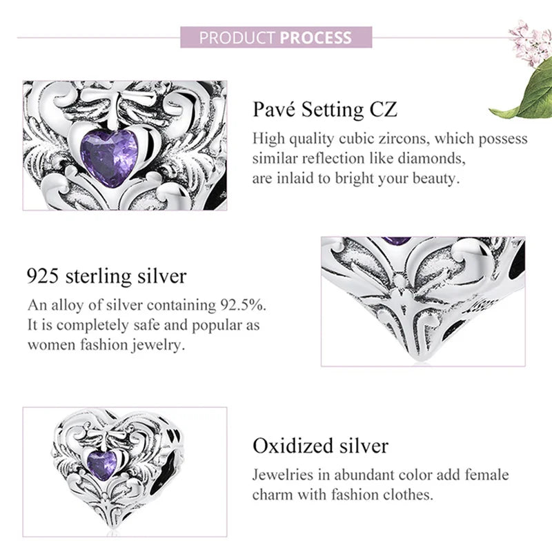 925 Silver Heart Love Pendant Beads for Bracelets Necklace