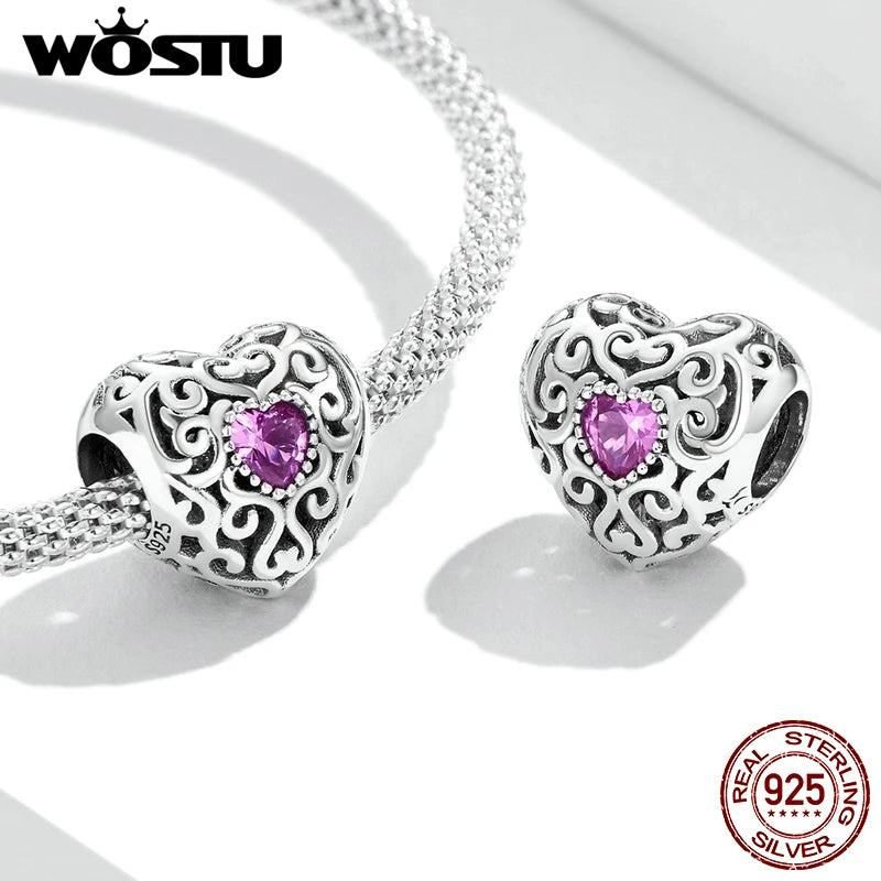 925 Sterling Silver Vintage Pink Zircon Opal Heart Charms Beads