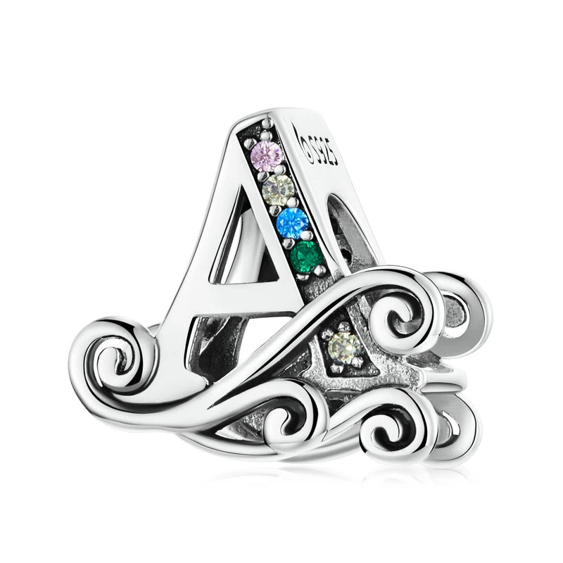 925 Silver Vintage Letter A M Rainbow Charm Pendant Bracelet Necklace