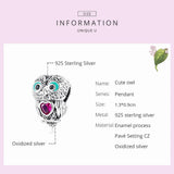 925 Silver Owl Bead Heart Red CZ Charm Women Bracelet Jewelry