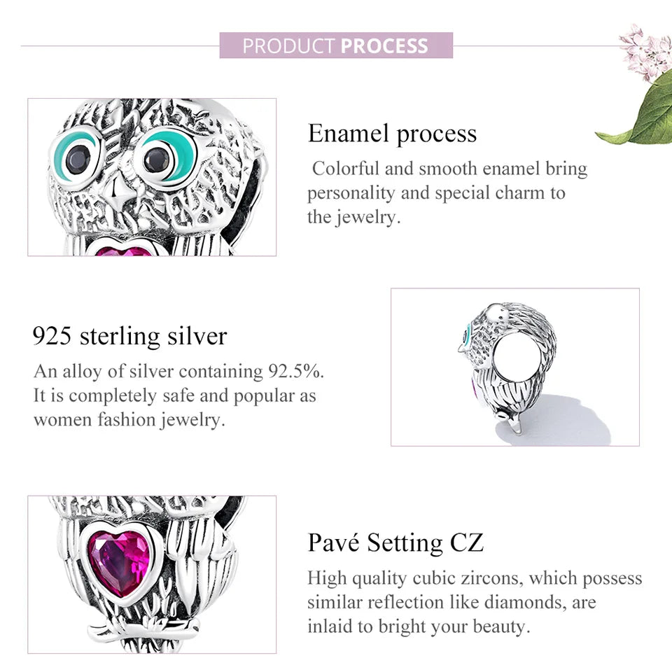 925 Silver Owl Bead Heart Red CZ Charm Women Bracelet Jewelry