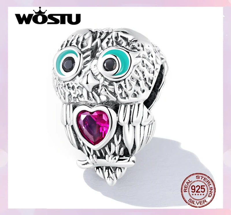 925 Silver Owl Bead Heart Red CZ Charm Women Bracelet Jewelry