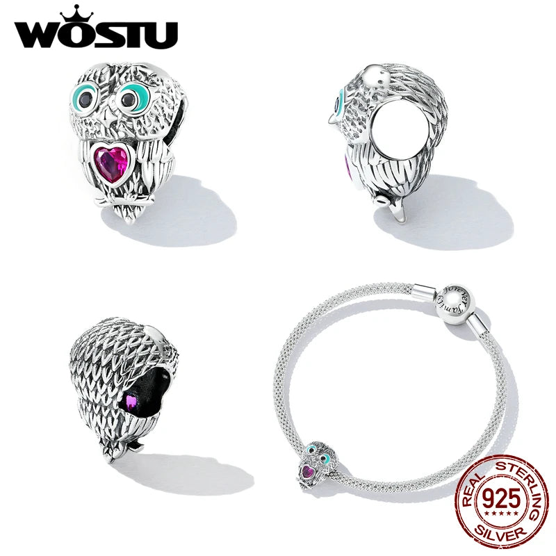 925 Silver Owl Bead Heart Red CZ Charm Women Bracelet Jewelry