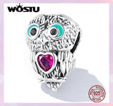 925 Silver Owl Bead Heart Red CZ Charm Women Bracelet Jewelry