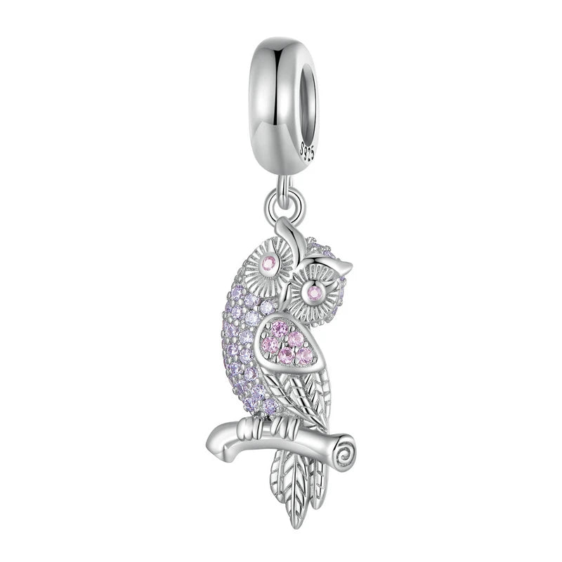 925 Silver Owl Birds Pendant Flamingo Bead Bracelet DIY Jewelry
