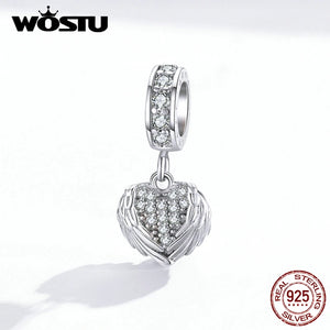 925 Silver Wing Heart Charm Zircon Bead Bracelet Pendant DIY Necklace Jewelry