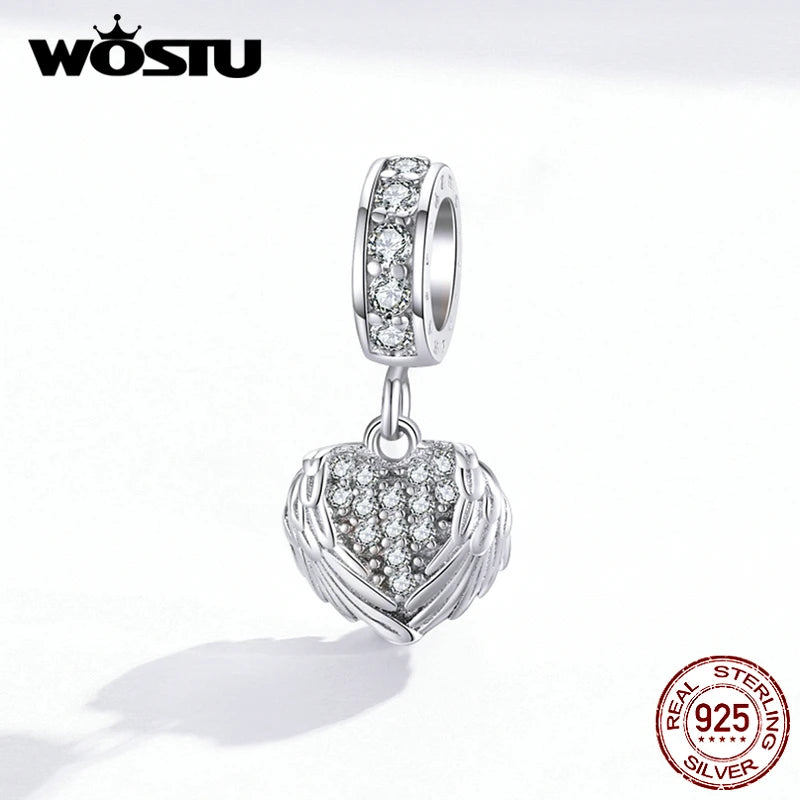 925 Silver Wing Heart Charm Zircon Bead Bracelet Pendant DIY Necklace Jewelry