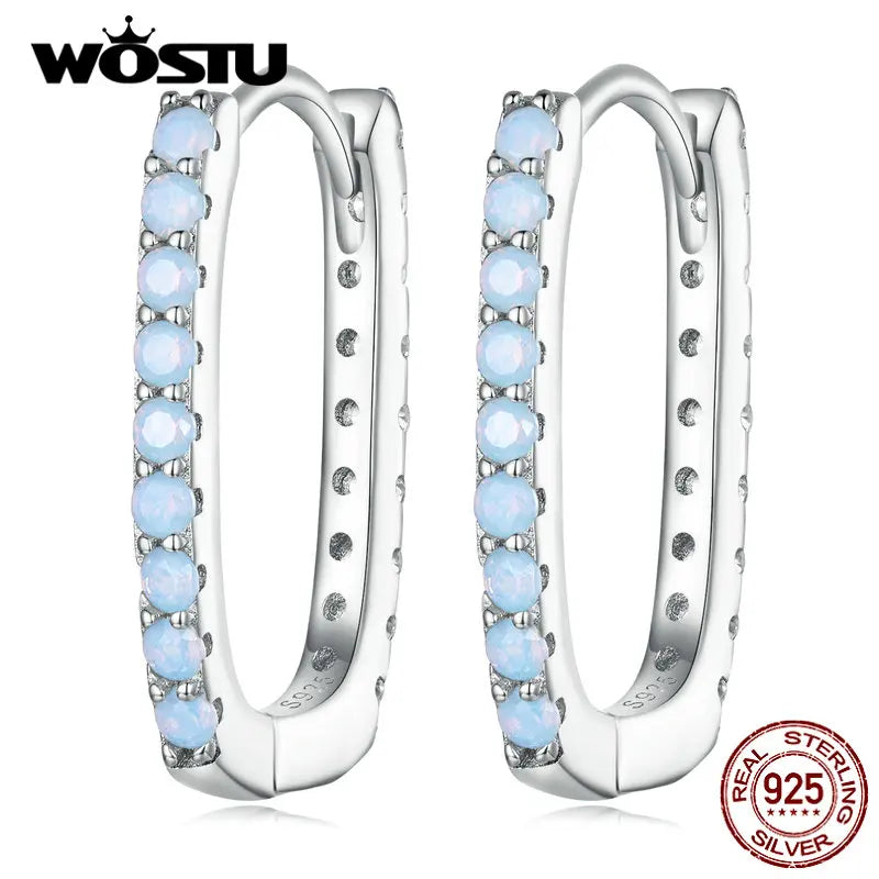 925 Silver Zircon & Opal Square Ear Clips Earrings Hoop for Women