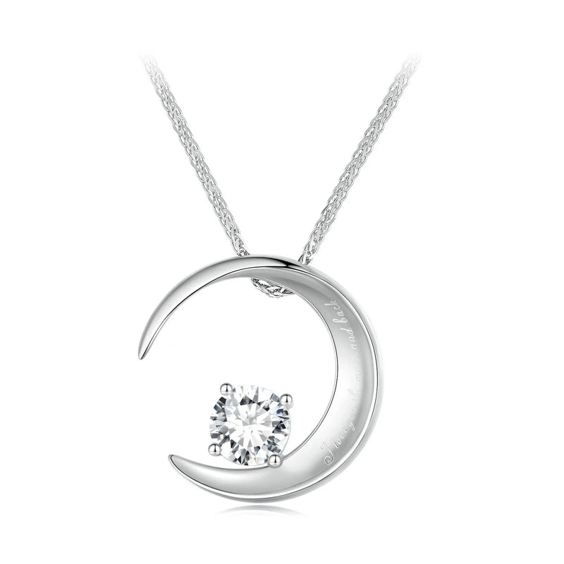 925 Sterling Silver Moon Necklace Cube Chain Zircon Charm Necklace