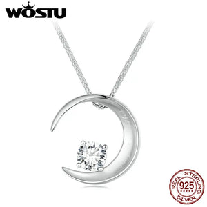 925 Sterling Silver Moon Necklace Cube Chain Zircon Charm Necklace