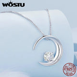 925 Sterling Silver Moon Necklace Cube Chain Zircon Charm Necklace