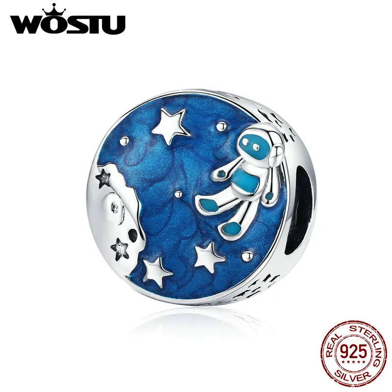 925 Sterling Silver Astronaut & Star Bead Enamel Bracelet