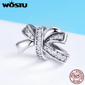 925 Silver Bowknot Crystal CZ Beads Charms for Bracelet & Necklace FIC773