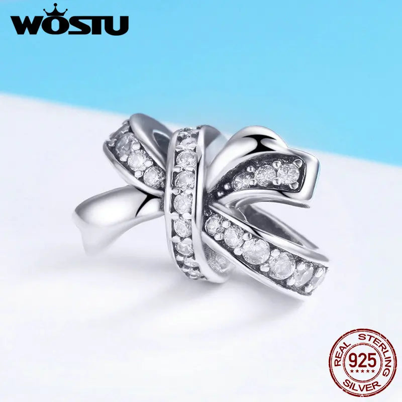 925 Silver Bowknot Crystal CZ Beads Charms for Bracelet & Necklace FIC773