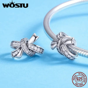 925 Silver Bowknot Crystal CZ Beads Charms for Bracelet & Necklace FIC773