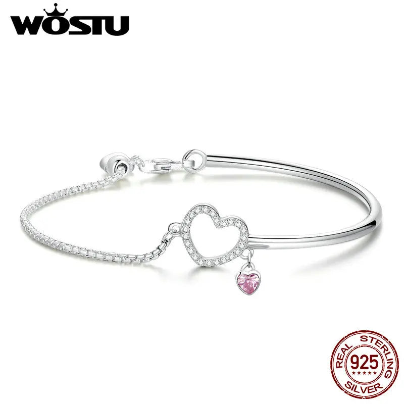 925 Silver Pink Love Charm Bracelet Bangle Romantic Gift