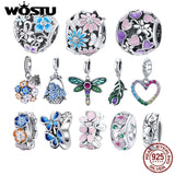 925 Silver Colorful Flowers Beads Charms Pendant for Bracelets DIY Jewelry
