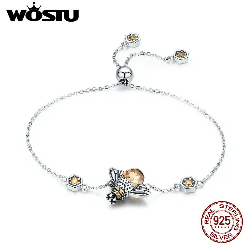 925 Silver Crown Bee Chain Link Bracelet with Big Stone