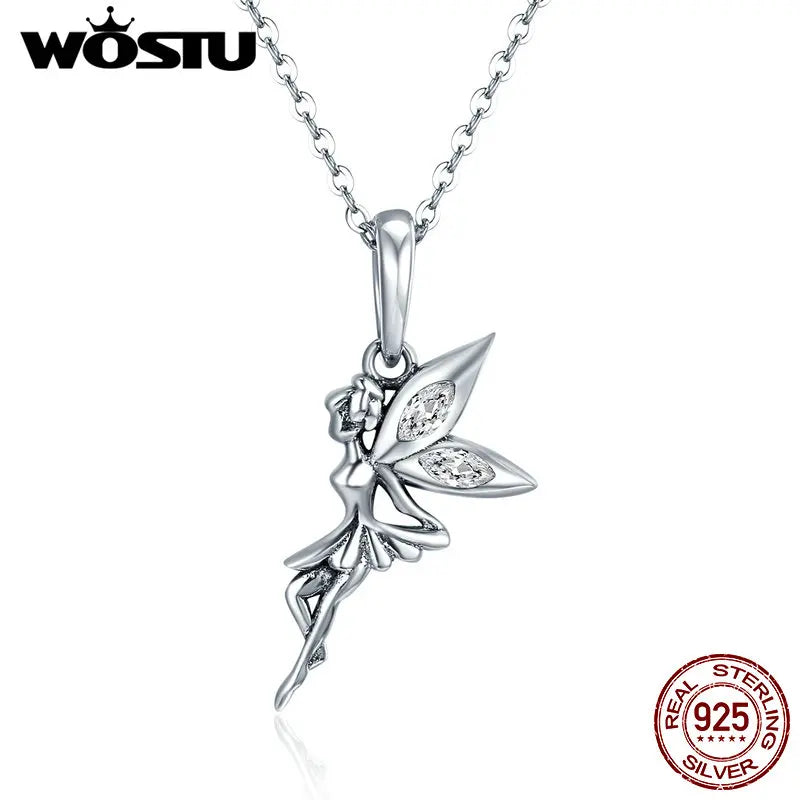 925 Silver Flower Fairy Dangle Pendant Necklace Gift for Women