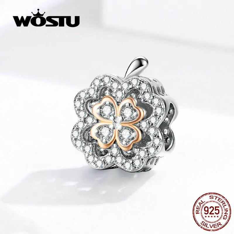 925 Silver Clover Beads Clear Zircon Charm Bracelet Wedding Jewelry FIC1247