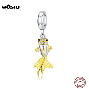 925 Silver Golden Koi Charm Zircon Beads Bracelet Pendant 925 Jewelry