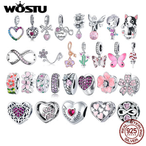925 Silver Pink Flowers Charms Pendant for Bracelets DIY